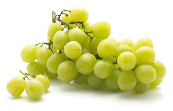 One green grape bunch (Early Sweet or Grapaes variety) with three separated berries isolated on white background.