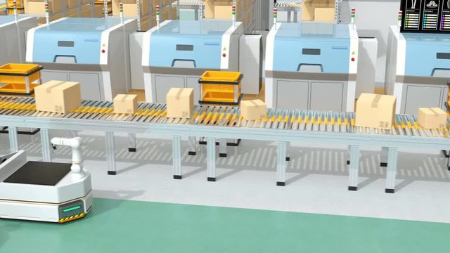Robotic arm picking parcel from conveyor to AGV (Automatic guided vehicle). Smart factory concept. 3D rendering animation.