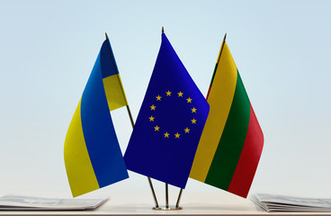 Flags of Ukraine European Union and Lithuania
