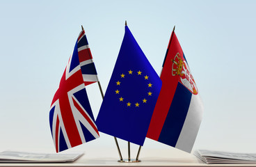 Obraz na płótnie Canvas Flags of United Kingdom European Union and Serbia