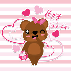 Cute bear brings love bag vector cartoon illustration for Happy Valentine card design, postcard, and wallpaper