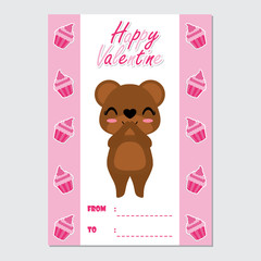 Cute bear smiles on cupcake border vector cartoon illustration for Happy Valentine card design, postcard, and wallpaper
