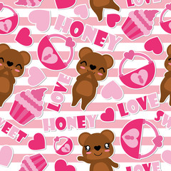 Seamless pattern of cute bear and Valentine elements on striped background vector cartoon illustration for Valentine wrapping paper, kid fabric clothes, and wallpaper