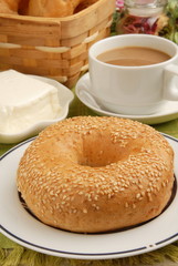 Bagel with cream cheese and coffee      