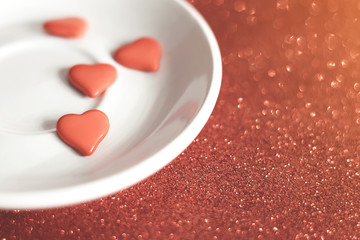 Red heart placed on white dish,dinner for lover or important person