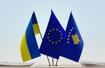 Flags of Ukraine European Union and Kosovo