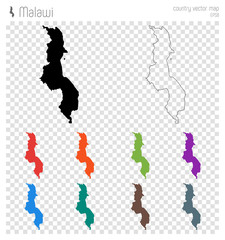 Malawi high detailed map. Country silhouette icon. Isolated Malawi black map outline. Vector illustration.