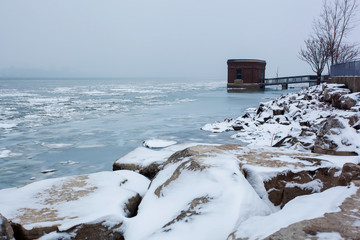 Landscape view of the Detroit River in winter, December 24 2017