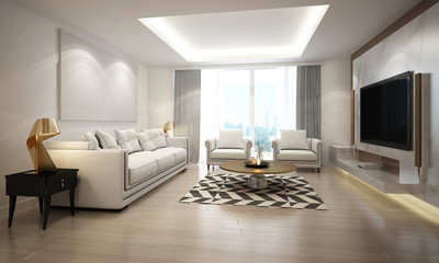 The luxury living room interior design and white pattern wall background and Lcd tv 