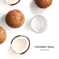 Creative layout made of coconut and coconut milk on white background. Flat lay. Food concept. Macro  concept