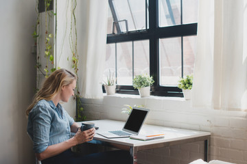 Young woman working on laptop in home office