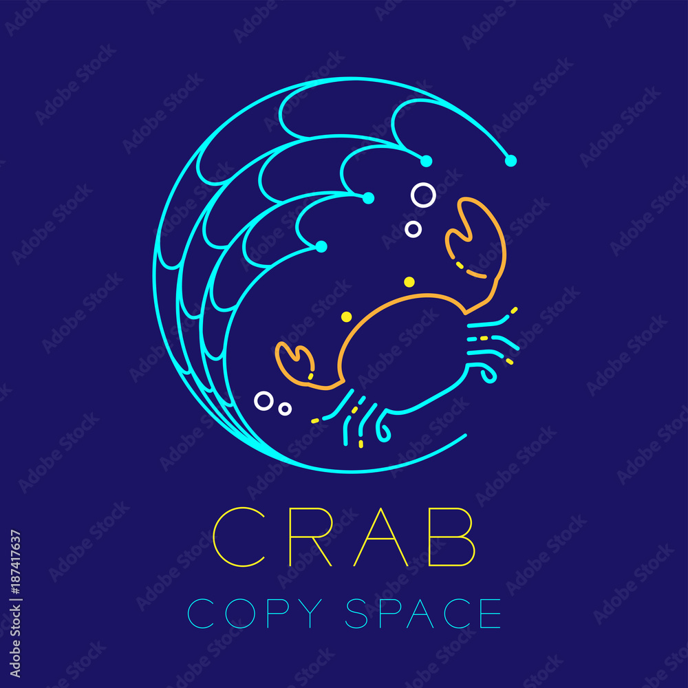 Poster crab, fishing net circle shape and air bubble logo icon outline stroke set dash line design illustra