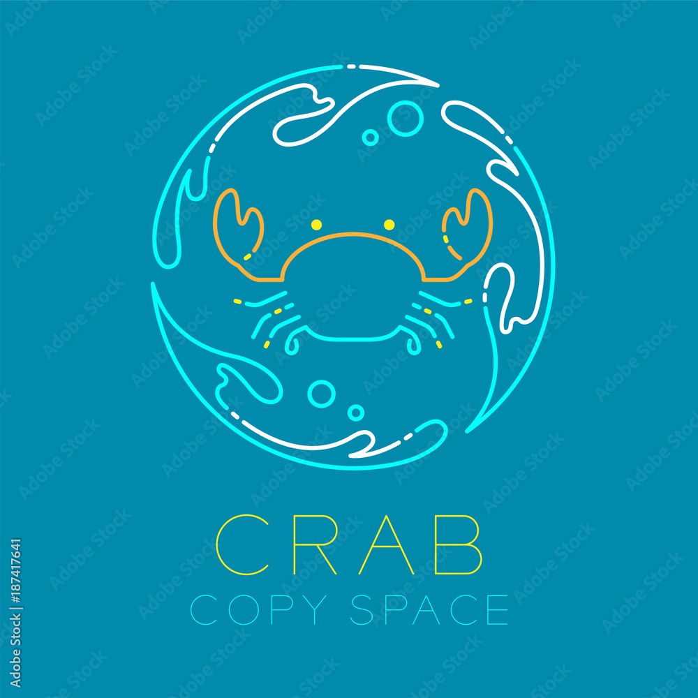 Poster crab, water splash circle and air bubble logo icon outline stroke set dash line design illustration 