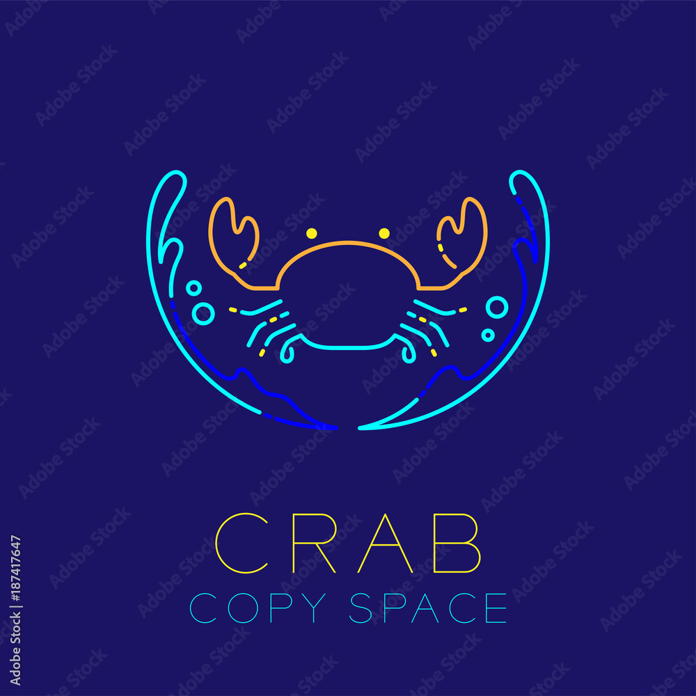 Poster crab, water splash and air bubble icon outline stroke set dash line design illustration isolated on 