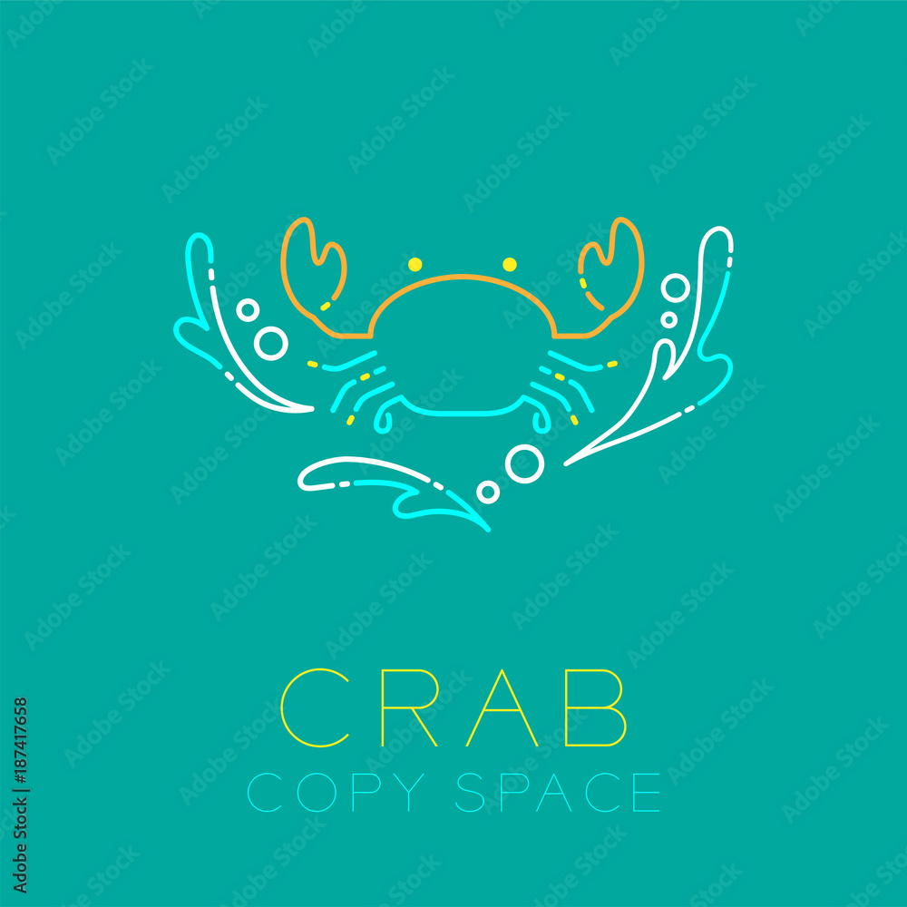Poster crab, water splash and air bubble icon outline stroke set dash line design illustration isolated on 