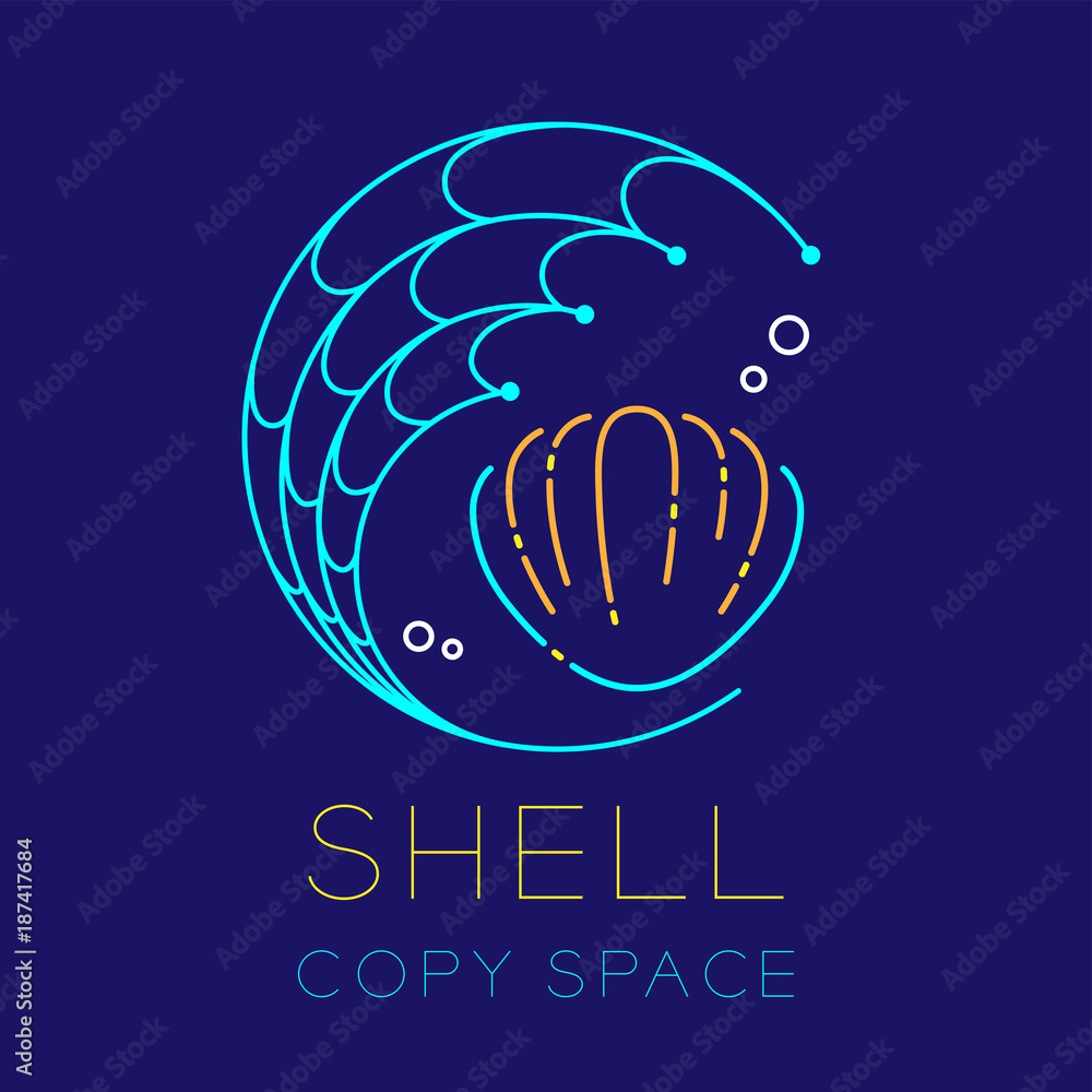 Poster shellfish, fishing net circle shape and air bubble logo icon outline stroke set dash line design ill