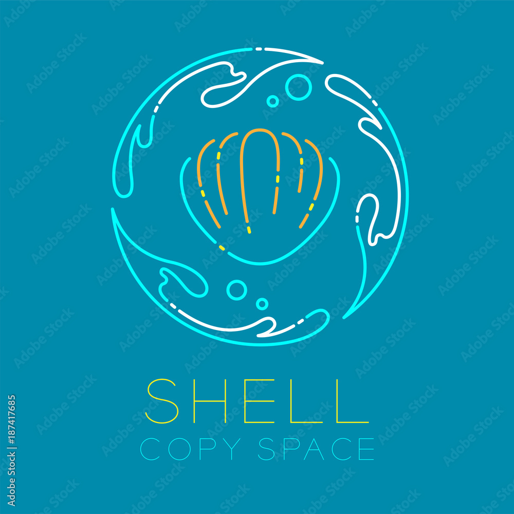 Poster shellfish, water splash circle and air bubble logo icon outline stroke set dash line design illustra