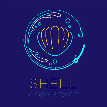 Shellfish, Fishing rod circle shape, Water splash and Air bubble logo icon outline stroke set dash line design illustration isolated on dark blue background with Shell text and copy space