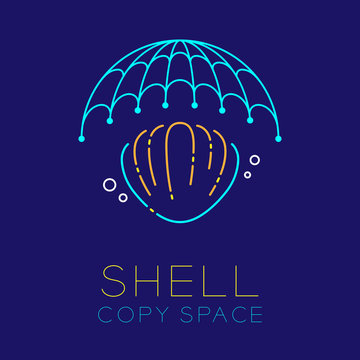 Shellfish, Fishing net and Air bubble logo icon outline stroke set dash line design illustration isolated on dark blue background with Shell text and copy space