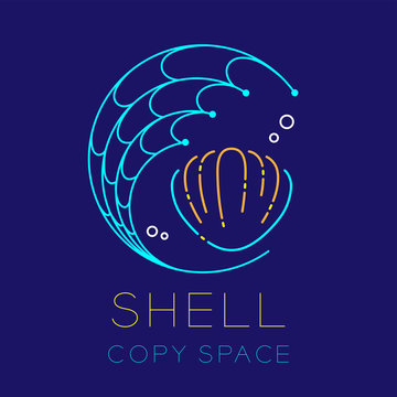 Shellfish, Fishing net circle shape and Air bubble logo icon outline stroke set dash line design illustration isolated on dark blue background with Shell text and copy space