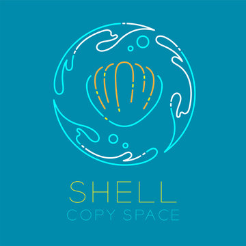 Shellfish, Water splash circle and Air bubble logo icon outline stroke set dash line design illustration isolated on blue background with Shell text and copy space