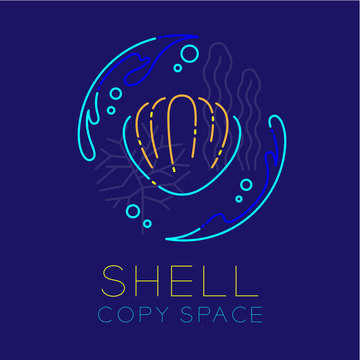 Shellfish, Water splash, Coral, Seaweed and Air bubble icon outline stroke set dash line design illustration isolated on dark blue background with Shell text and copy space