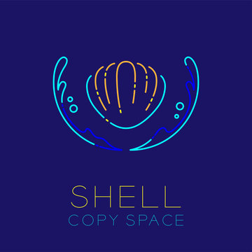 Shellfish, Water splash and Air bubble icon outline stroke set dash line design illustration isolated on dark blue background with Shell text and copy space