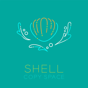 Shellfish, Water splash and Air bubble icon outline stroke set dash line design illustration isolated on green background with Shell text and copy space