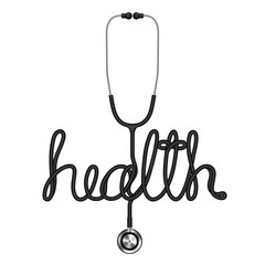 Stethoscope black color and health text made from cable isolated on white background, with copy space