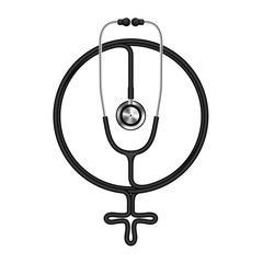 Stethoscope black color and female sign symbol made from cable isolated on white background, with copy space