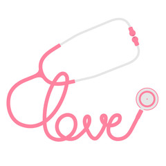 Stethoscope pink color and love text made from cable flat design isolated on white background, with copy space