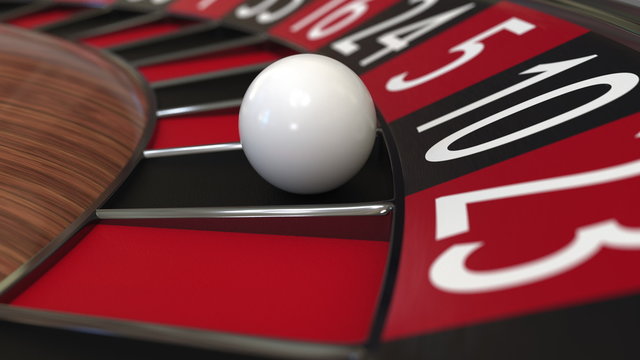 Casino roulette wheel ball hits 10 ten black. 3D rendering