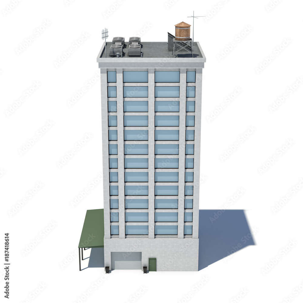 Poster 3d rendering of a white high office building with many large windows and a garage on the ground floo