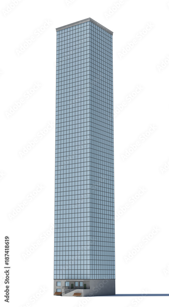 Poster 3d rendering of a white high office building with many large windows.