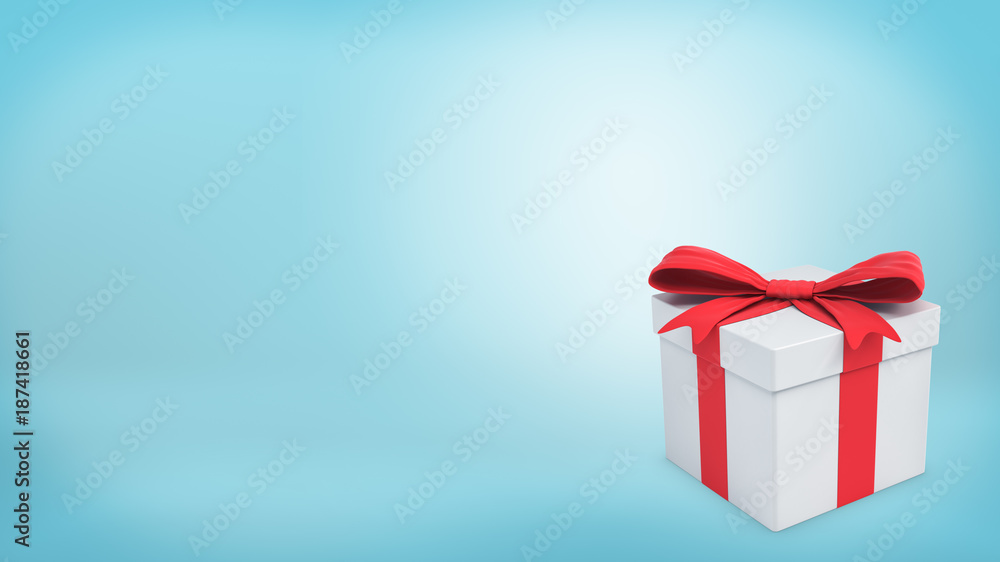 Poster 3d rendering of a single white gift box stands with a closed lid and tied with a red bow on a blue b