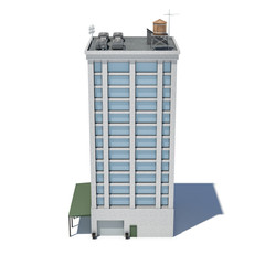 3d rendering of a white high office building with many large windows and a garage on the ground floor.