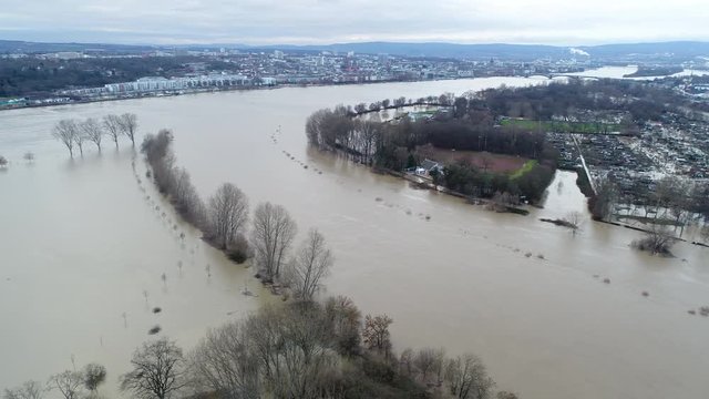 Flooded river banks at Rhine River and Main River, Germany after heavy rainfall - aerial view