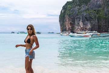 Girl at Maya Bay ("The Beach") in Phi Phi Islands, Thailand