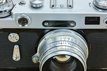 retro camera lens and mechanical dials detailed macro view