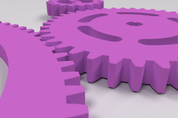 Set of violet gears and cogs on white background
