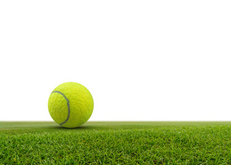 Single tennis ball on green grass isolated on white background.with space for text.