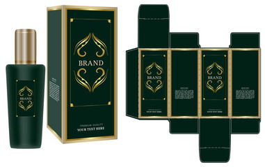 Packaging design, Label on cosmetic container with green and gold luxury box template and mockup box. illustration vector.	