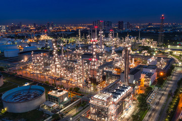 Fototapeta na wymiar Aerial view of Oil and gas industry - refinery, Shot from drone of Oil refinery and Petrochemical plant at twilight, Bangkok, Thailand