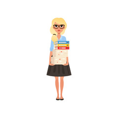 Cute business woman holding stack of papers and folders. Cartoon character of blond girl in glasses, blue shirt and black skirt. Office worker. Flat vector design