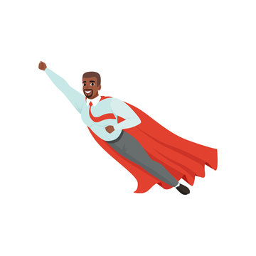 Afro-american man with superhero cloak flying with hand up. Successful businessman in blue shirt, red tie and gray pants. Leadership and achievement. Flat vector design