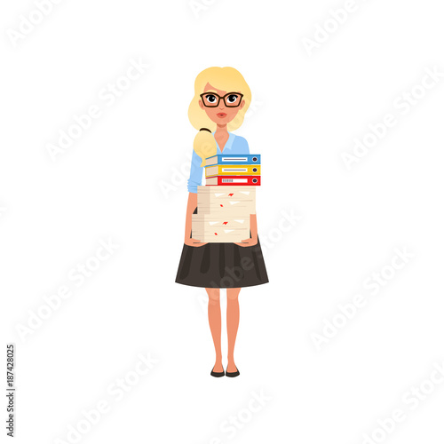 Cute Business Woman Holding Stack Of Papers And Folders Cartoon