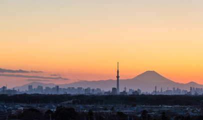 Fototapeta na wymiar Tokyo Skytree and Mount Fuji at twilight time in winter season.