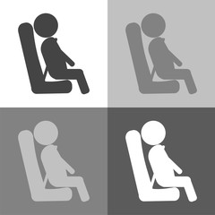 A passenger is traveling by bus, car. Fastened with seat belt vector icon on white-grey-black color.