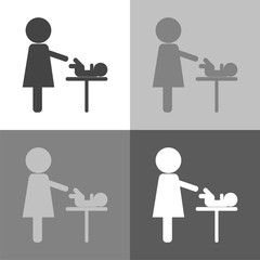 Mother and baby set icon. Baby care room symbol. Mother and child room on white-grey-black color.