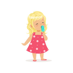 Beautiful little girl enjoying delicious ice-cream. Summer delicious dessert. Cartoon child character with long blond hair wearing cute pink dress. Flat vector design